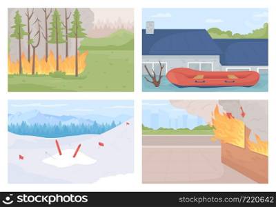 Environmental disasters flat color vector illustrations set. Natural incidents. Catastrophic weather events. Floods and fires 2D cartoon landscapes collection with natural scenery on background. Environmental disasters flat color vector illustrations set