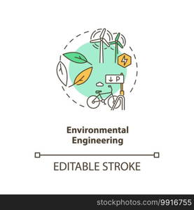 Environmental engineering concept icon. Alternative energy source. Sustainable development. Civil engineering idea thin line illustration. Vector isolated outline RGB color drawing. Editable stroke. Environmental engineering concept icon