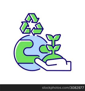 Environmental improvement RGB color icon. Planet protection. Recycle resources. Growing sprout with leaves. Eco friendly production. Environmentalist organization. Isolated vector illustration. Environmental improvement RGB color icon