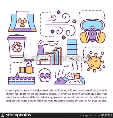 Environmental issues article page vector template. Ecological pollution and disasters. Brochure, magazine, booklet design element with linear icons. Print design. Concept illustrations with text