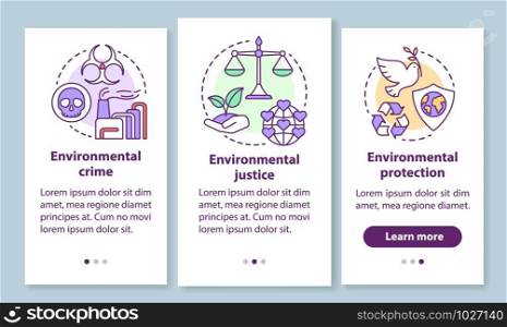 Environmental law onboarding mobile app page screen with linear concepts. Environment crime, justice & protection walkthrough steps graphic instructions. UX, UI, GUI vector template with illustrations