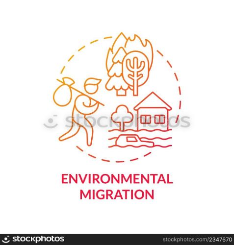 Environmental migration red gradient concept icon. Escaping ecology problems. Relocation reason abstract idea thin line illustration. Isolated outline drawing. Myriad Pro-Bold font used. Environmental migration red gradient concept icon