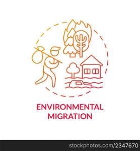 Environmental migration red gradient concept icon. Escaping ecology problems. Relocation reason abstract idea thin line illustration. Isolated outline drawing. Myriad Pro-Bold font used. Environmental migration red gradient concept icon