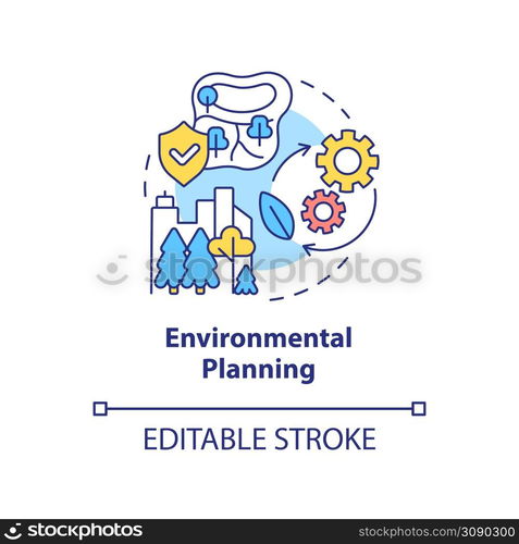 Environmental planning concept icon. Land-use planning abstract idea thin line illustration. Achieve sustainable outcomes. Isolated outline drawing. Editable stroke. Arial, Myriad Pro-Bold fonts used. Environmental planning concept icon