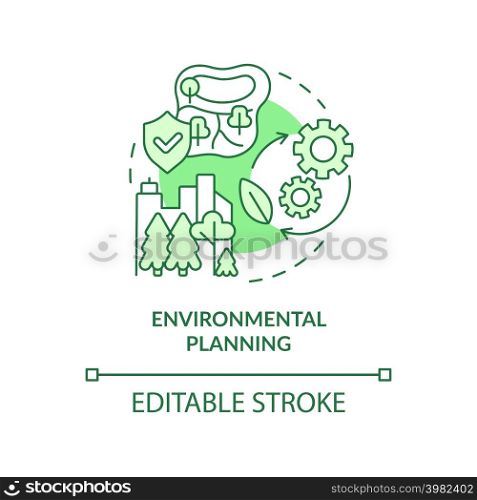 Environmental planning green concept icon. Land-use planning abstract idea thin line illustration. Sustainable outcomes. Isolated outline drawing. Editable stroke. Arial, Myriad Pro-Bold fonts used. Environmental planning green concept icon