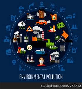 Environmental pollution concept with water air and ground pollution symbols flat vector illustration. Environmental Pollution Concept