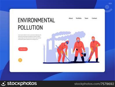 Environmental pollution flat banner with people removing petroleum near plant vector illustration