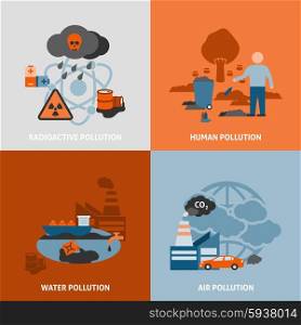 Environmental Problems Icons Set . Environmental problems icons set with radioactive human water and air pollution symbols flat isolated vector illustration
