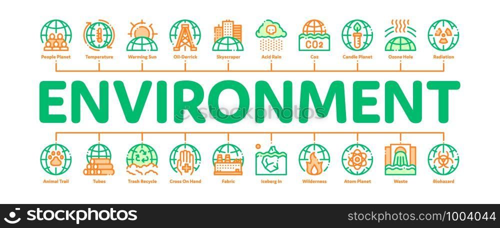 Environmental Problems Minimal Infographic Web Banner Vector. Environmental Problem, Industrial Pollution, Contamination Pictograms. Greenhouse Effect, Global Warming, Climate Change Illustrations. Environmental Problems Minimal Infographic Banner Vector