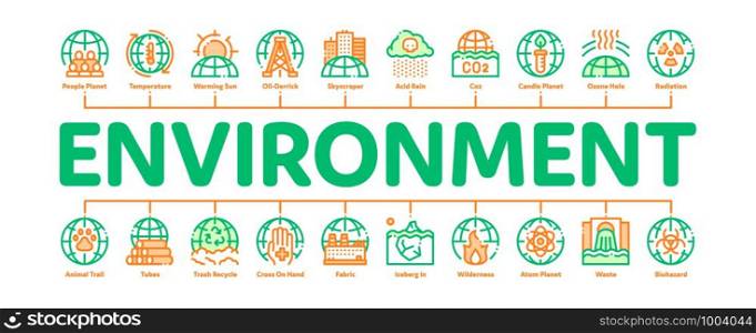 Environmental Problems Minimal Infographic Web Banner Vector. Environmental Problem, Industrial Pollution, Contamination Pictograms. Greenhouse Effect, Global Warming, Climate Change Illustrations. Environmental Problems Minimal Infographic Banner Vector