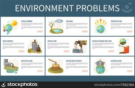 Environmental problems vector, ozone depletion and deforestation, water and air pollution, global warming and waste disposal, acid rains set of webpages. Concept for Earth day. Environmental Problems of Planet, Webpages Text