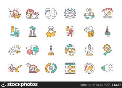 Environmental protection blue RGB color icons set. Climate change. Global warming. Harmful emissions into atmosphere. Contemporary ecological issues. Isolated vector illustrations. Environmental protection blue RGB color icons set