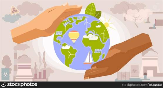 Environmental protection hand composition with two human hands of color holding earth globe with alternative energy vector illustration. Earth In Hands Composition