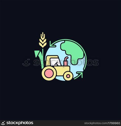 Environmental sustainability in agriculture RGB color icon for dark theme. Healthy ecosystem and soil. Isolated vector illustration on night mode background. Simple filled line drawing on black. Environmental sustainability in agriculture RGB color icon for dark theme
