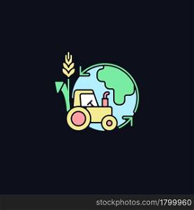 Environmental sustainability in agriculture RGB color icon for dark theme. Healthy ecosystem and soil. Isolated vector illustration on night mode background. Simple filled line drawing on black. Environmental sustainability in agriculture RGB color icon for dark theme