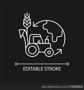 Environmental sustainability in agriculture white linear icon for dark theme. Healthy ecosystem. Thin line customizable illustration. Isolated vector contour symbol for night mode. Editable stroke. Environmental sustainability in agriculture white linear icon for dark theme
