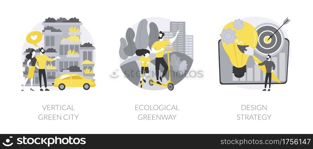 Environmental urban solutions abstract concept vector illustration set. Vertical green city, ecological greenway, design strategy, space-saving eco solution, landscape ecology abstract metaphor.. Environmental urban solutions abstract concept vector illustrations.