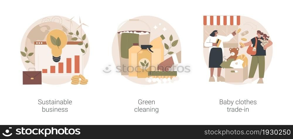 Environmentally friendly business abstract concept vector illustration set. Sustainable business, green cleaning, baby clothes trade-in, second hand, eco service, save ecosystem abstract metaphor.. Environmentally friendly business abstract concept vector illustrations.