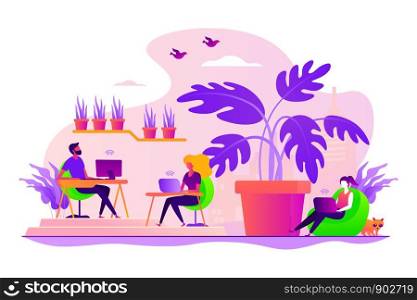 Environmentally friendly, sustainable office. Green workplace, coworking zone. Biophilic design room, eco-friendly workspace, green office concept. Vector isolated concept creative illustration. Biophilic design in workspace concept vector illustration