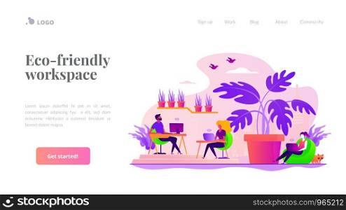 Environmentally friendly, sustainable office. Green workplace, coworking zone. Biophilic design room, eco-friendly workspace, green office concept. Website homepage header landing web page template.. Biophilic design in workspace landing page template