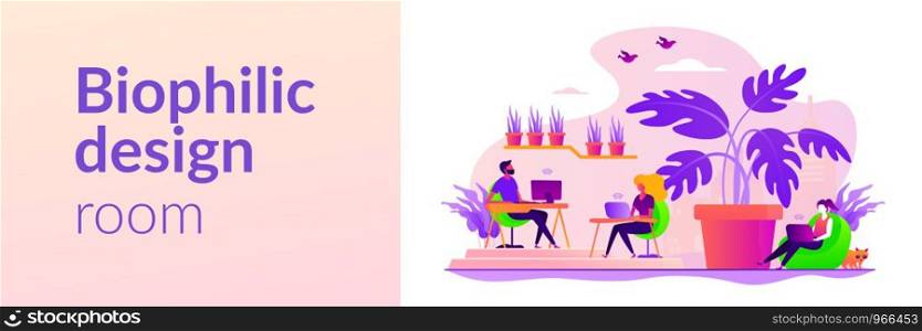 Environmentally friendly, sustainable office. Green workplace, coworking zone. Biophilic design room, eco-friendly workspace, green office concept. Header or footer banner template with copy space.. Biophilic design in workspace web banner concept