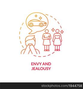 Envy and jealousy red gradient concept icon. Self disappointment abstract idea thin line illustration. Comparing self with other people. Happiness obstacle. Vector isolated outline color drawing. Envy and jealousy red gradient concept icon