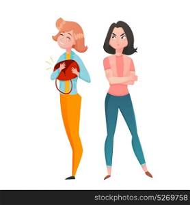 Envy Emotions Girl Woman Cartoon Characters . Two young women cartoon characters with girl feel envy for another with fashionable expensive bag vector illustration