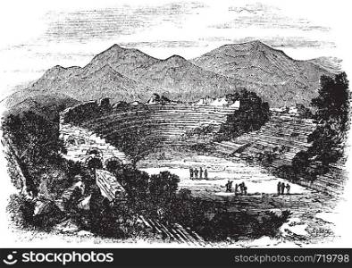 Ephesus in Izmir, Turkey, during the 1890s, vintage engraving. Old engraved illustration of Ephesus showing theater remains.