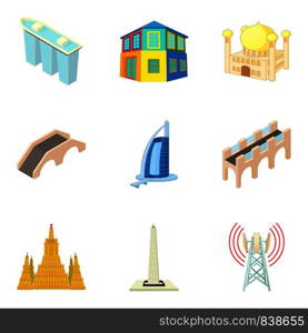 Epic building icons set. Cartoon set of 9 epic building vector icons for web isolated on white background. Epic building icons set, cartoon style