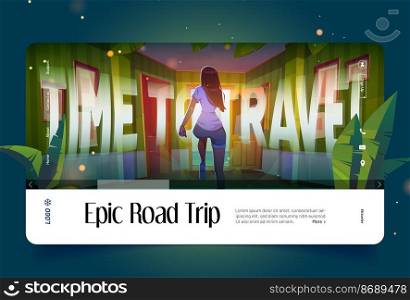 Epic road trip cartoon landing page. Woman escape home into open door with ocean view outside. Time to travel, freedom, adventure, journey concept with running girl rear view, Vector web banner. Epic road trip cartoon landing page, woman escape