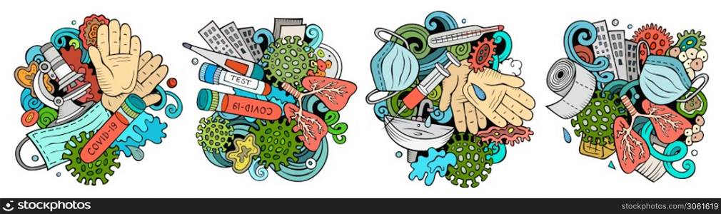 Epidemic cartoon vector doodle designs set. Colorful detailed compositions with lot of coronavirus objects and symbols. Isolated on white illustrations. Covid-19 pandemic banner. Epidemic cartoon vector doodle designs set.