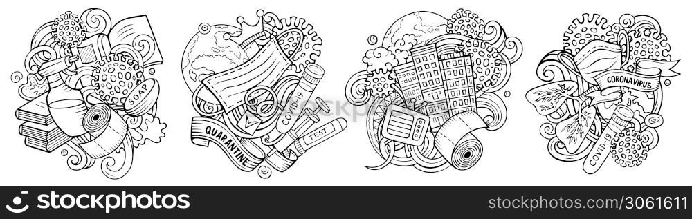 Epidemic cartoon vector doodle designs set. Sketchy detailed compositions with lot of Stay Home objects and symbols. Isolated on white illustrations. Self isolation pandemic banner. Epidemic cartoon vector doodle designs set.