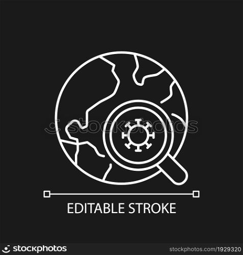 Epidemiological trials white linear icon for dark theme. Disease outbreak investigation. Thin line customizable illustration. Isolated vector contour symbol for night mode. Editable stroke. Epidemiological trials white linear icon for dark theme