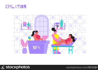 Epilation salon flat composition with indoor view of room with furniture and characters of shaving women vector illustration