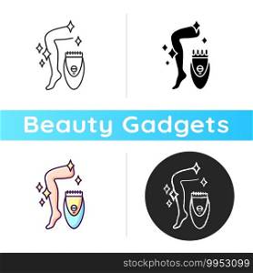 Epilator icon. Removing unwanted hair from skin. Depilatory. Shaving hairs on legs and body. Electronic epilation device. Linear black and RGB color styles. Isolated vector illustrations. Epilator icon