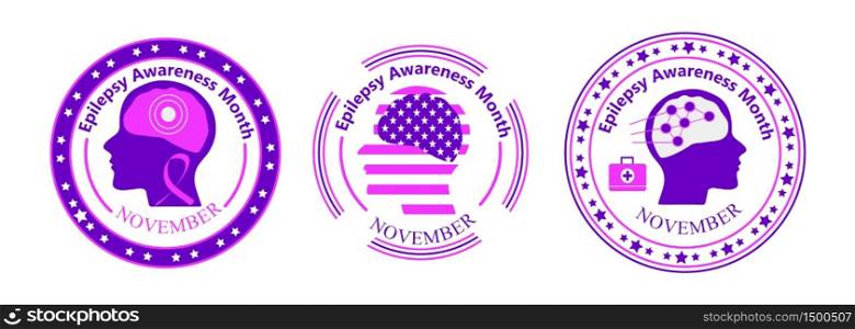 Epilepsy Awareness Month is organized on November in United States. Purple ribbon, brain, stars are shown. Round emblem vector with head silhouette for banner, flyer, web.. Epilepsy Awareness Month is organized on November in United States. Purple ribbon, brain, stars are shown.