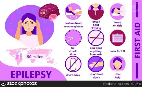Epilepsy infographic. Awareness Month is organized on November. First aid of epilepsy attack. Cartoon concept vector on purple background for banner, flyer, web.. Epilepsy infographic. Awareness Month is organized on November. First aid of epilepsy attack.