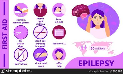 Epilepsy infographic. Awareness Month is organized on November. First aid of epilepsy attack. Cartoon concept vector on purple background for banner, flyer, web.. Epilepsy infographic. Awareness Month is organized on November.