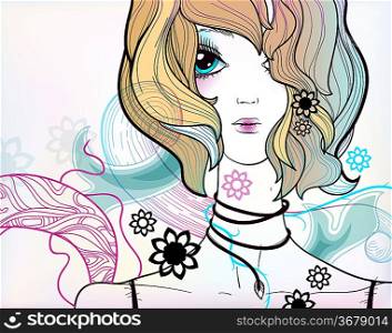 eps10 illustration of a pretty girl with blue eyes on an abstract background