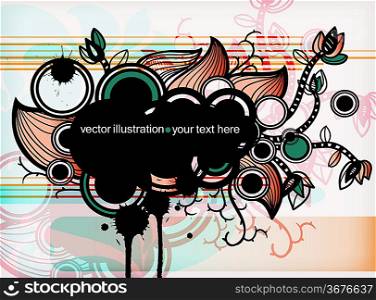 eps10 vector illustration of an abstract frame with fantasy plants and colored circles