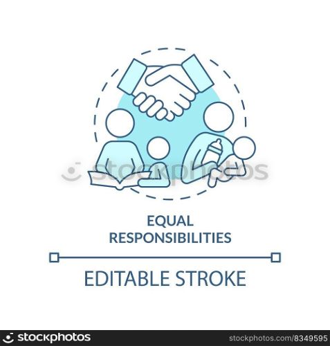 Equal responsibilities turquoise concept icon. Benefit of same-sex parenting abstract idea thin line illustration. Isolated outline drawing. Editable stroke. Arial, Myriad Pro-Bold fonts used. Equal responsibilities turquoise concept icon