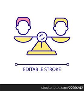 Equal staff members opportunity RGB color icon. Prevent employees discrimination. Responsibilities balance. Isolated vector illustration. Simple filled line drawing. Editable stroke. Arial font used. Equal staff members opportunity RGB color icon