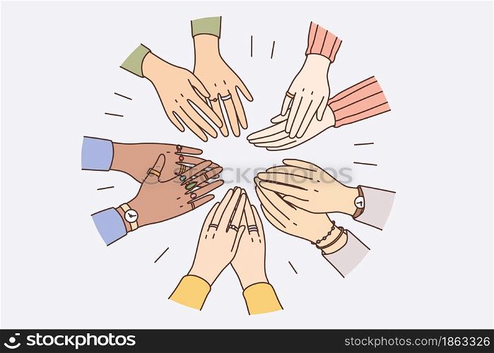 Equality in human rights, union concept. Hands of mixed race various people forming circle together feeling confident and strong with each other vector illustration . Equality in human rights, union concept
