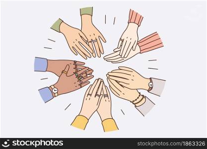 Equality in human rights, union concept. Hands of mixed race various people forming circle together feeling confident and strong with each other vector illustration . Equality in human rights, union concept