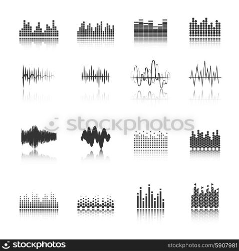 Equalizer black icons set . Audio equalizer sound wave fragment black icons set in various amplitude and shapes abstract isolated vector illustration
