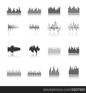 Equalizer black icons set . Audio equalizer sound wave fragment black icons set in various amplitude and shapes abstract isolated vector illustration