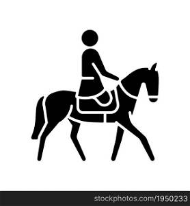 Equestrian black glyph icon. Horseback riding demonstrative event. Horse racing competition. Athletes with physical disability. Silhouette symbol on white space. Vector isolated illustration. Equestrian black glyph icon