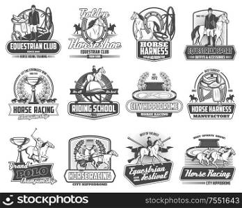 Equestrian horse races and equine sport club championship cup heraldic emblems. Vector jockey polo tournament, horse racing school sign, harness manufactory shop and equestrian festival. Equestrian club, horse races polo sport emblems