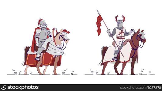 Equestrian knights flat vector illustrations set. Armored warriors riding horses isolated cartoon characters with outline elements on white background. Middle Age cavalry soldiers. Ancient warfare