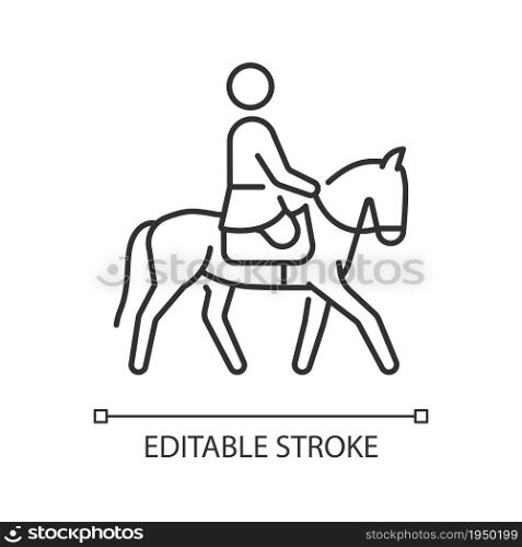 Equestrian linear icon. Horseback riding. Horse racing contest. Athlete with physical disability. Thin line customizable illustration. Contour symbol. Vector isolated outline drawing. Editable stroke. Equestrian linear icon